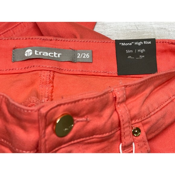 Tractr Mona High Rise Crop Coral Red Raw Hem Garment Dyed Jeans Size 2/26 - Picture 4 of 8